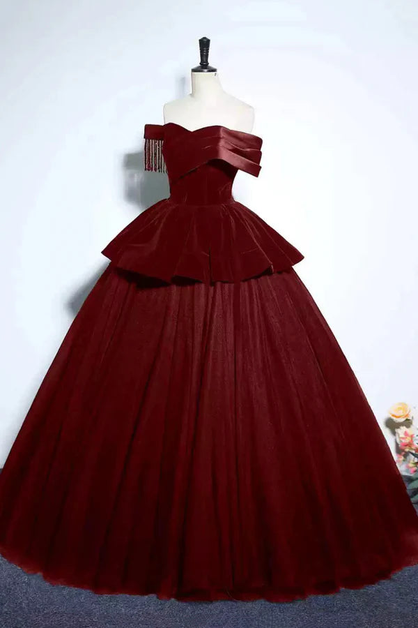 Wholesale Burgundy Velvet and Tulle Long Formal Dress A-Line Off the Shoulder Evening Party Dress